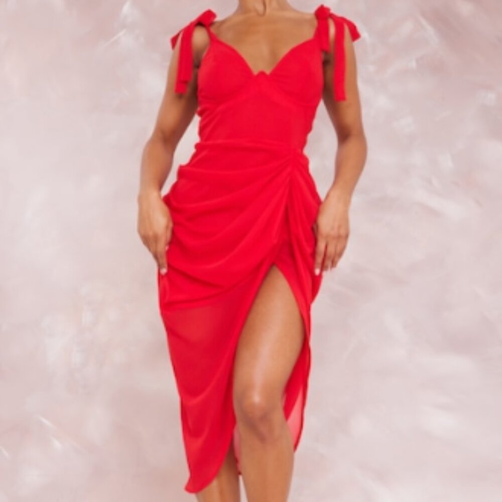 Red Underwire Detail Draped Midi Dress
